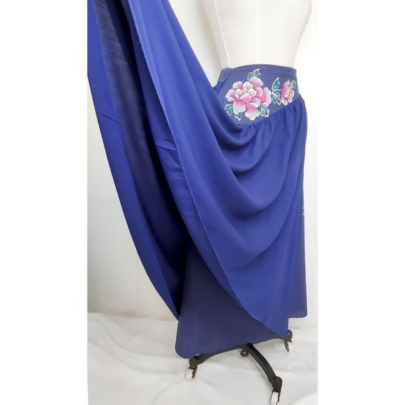 Vintage Womens Handmade Handpainted Floral Layered Flared Skirt Blue XS/S - Picture 9 of 13